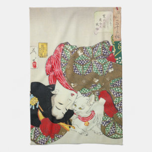 Paño De Cocina Chica japonés con gato, Tsukioka Yoshitoshi