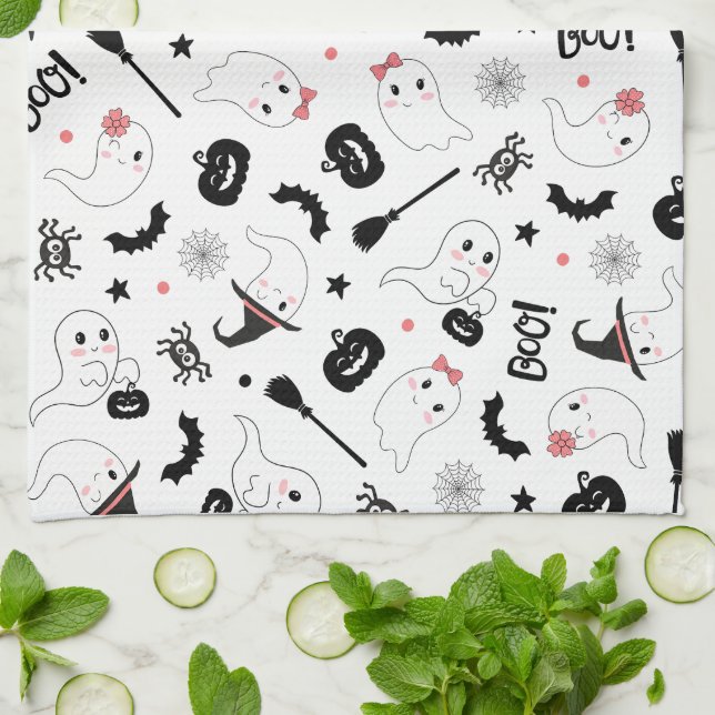 Paño De Cocina Chica rosa de Halloween, un fantasma adorable (Doblado)