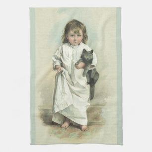 Paño De Cocina Chica victoriana vintage en camisón con su gato