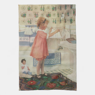 Paño De Cocina Chica Vintage, Niño Haciendo La Colada Colgando Ro