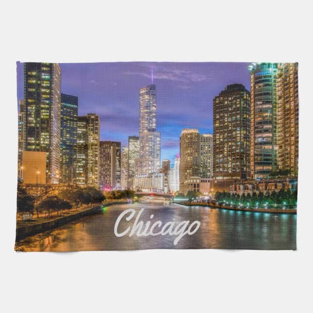 Paño De Cocina Chicago Illinos City Por La Noche (Horizontal)