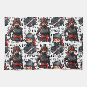 Paño De Cocina Chicas Ninja Anime con diseño de patrón de texto