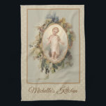 Paño De Cocina Child Jesus Autumn Floral<br><div class="desc">Hermosa imagen católica tradicional del Niño Jesús rodeada por una corona floral de otoño. El texto y las fuentes se pueden modificar.</div>