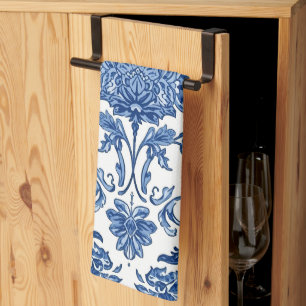 Paño De Cocina Chinoisería Floral Azul Acuarela Blanca