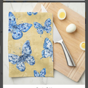 Paño De Cocina Chinoiserie Azul Vintage Mariposas Damask Desenteñ