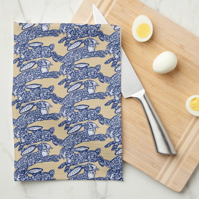 Paño De Cocina Chinoiserie Blue White Tan Rabbit Bunny Pattern (Doblado Cuarto)