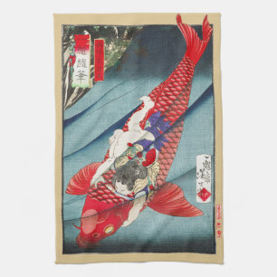 Paño De Cocina Chinoiserie Carpines Koi Rojos y Estampa de Niño H