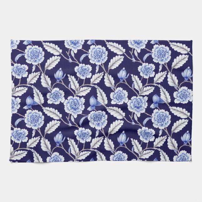 Paño De Cocina Chinoiserie Delft Blue Floral Porcelana Patrón (Horizontal)