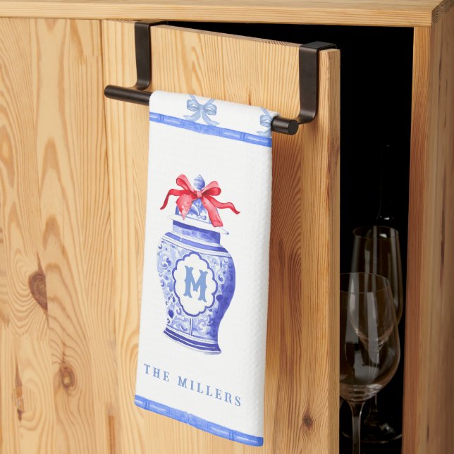 Paño De Cocina Chinoiserie Ginger Jar Monograma | Bow Rojo (Pliegue de tercios)