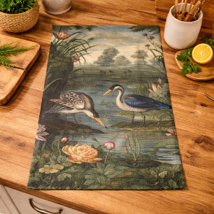 Paño De Cocina Chinoiserie Grulla Azul Antiguo Botánico Culinario