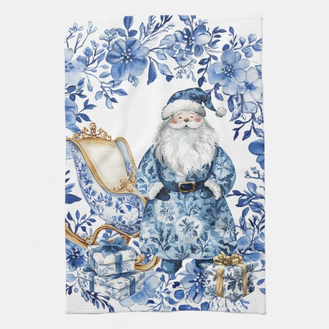 Paño De Cocina Chinoiserie Navidades Blue White Floral Santa (Vertical)