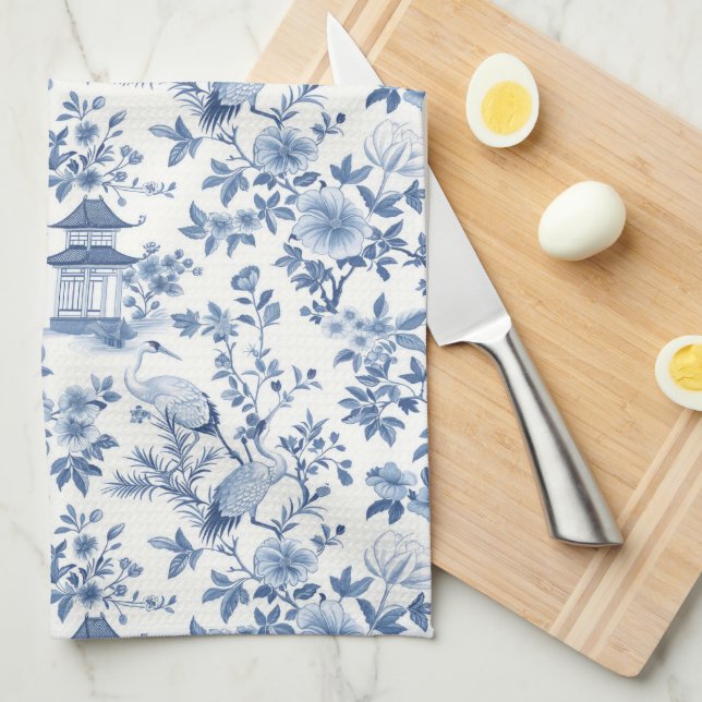 Paño De Cocina Chinoiserie Pagoda Crane Blue Floral (Doblado Cuarto)