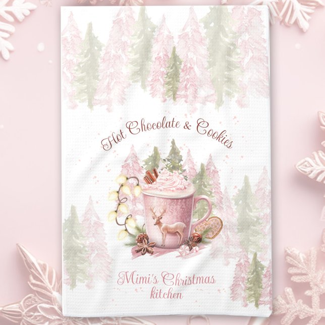 Paño De Cocina Chocolate caliente y galletas nombre Navidades ros (Hot Chocolate & Cookies Name Pink Christmas Kitchen Towel)