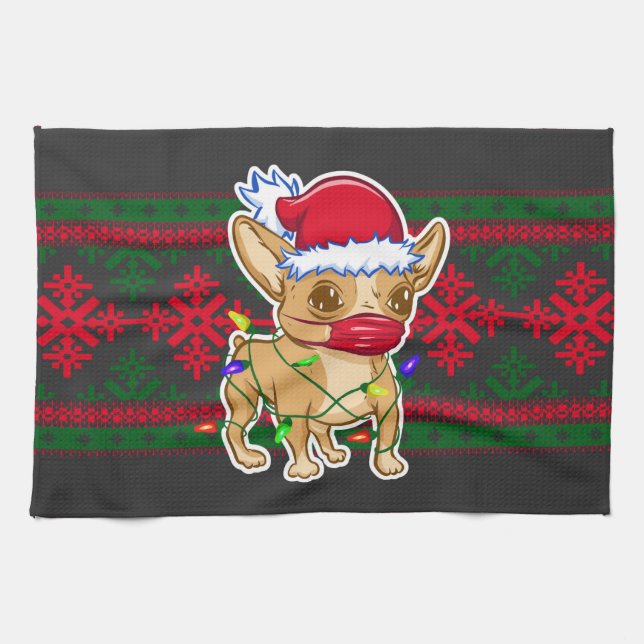Paño De Cocina Christmas chihuahua wearing a medical mask (Horizontal)