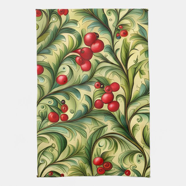 Paño De Cocina Christmas Floral Pattern With Red Berries (Vertical)