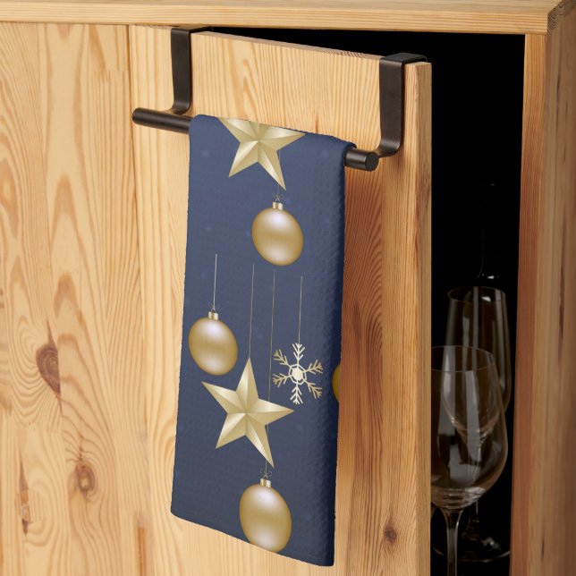 Paño De Cocina Christmas Party Golden Ornaments Navy Blue Elegant (Pliegue de tercios)