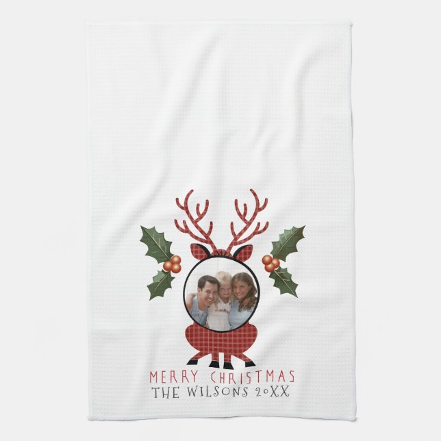 Paño De Cocina Christmas Plaid Reindeer with Personalized Photo (Vertical)