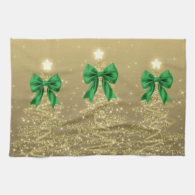 Paño De Cocina Christmas Sparkling Trees Gold Faux Green Bow  (Horizontal)