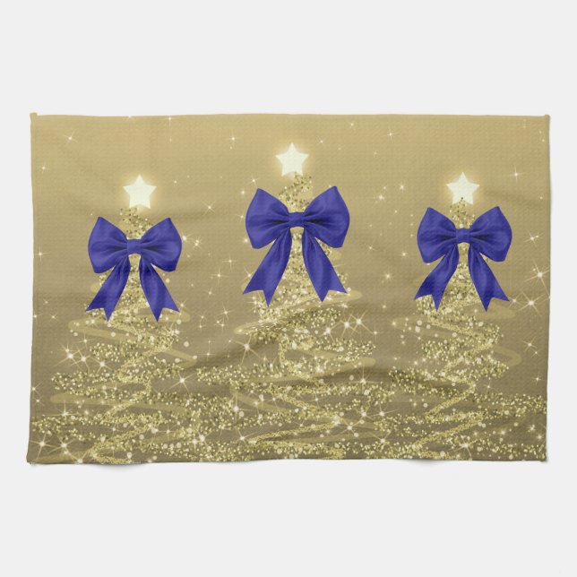 Paño De Cocina Christmas Sparkling Trees Gold Faux Navy Bow  (Horizontal)