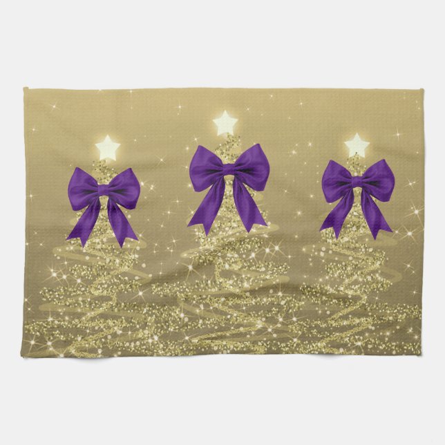 Paño De Cocina Christmas Sparkling Trees Gold Faux Purple Bow  (Horizontal)