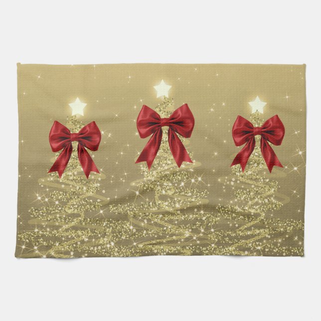 Paño De Cocina Christmas Sparkling Trees Gold Faux Red Bow  (Horizontal)