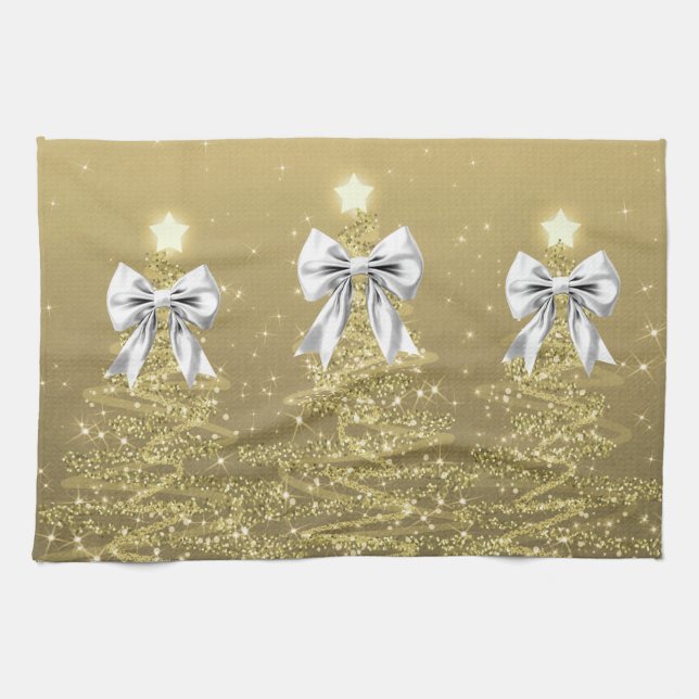 Paño De Cocina Christmas Sparkling Trees Gold Faux Silver Bow  (Horizontal)
