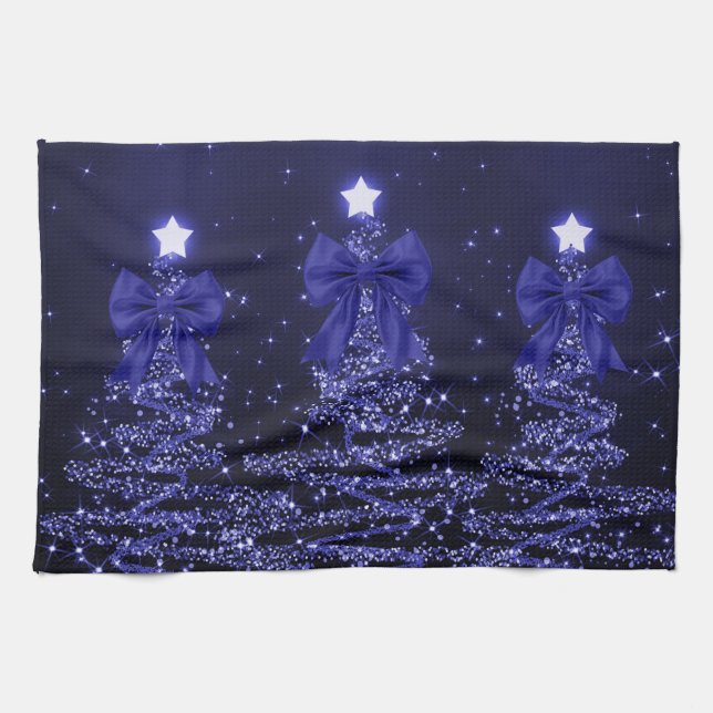 Paño De Cocina Christmas Sparkling Trees Navy Blue Faux Bow  (Horizontal)