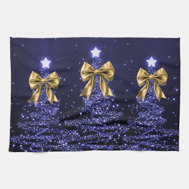 Paño De Cocina Christmas Sparkling Trees Navy Blue Faux Gold Bow  (Horizontal)