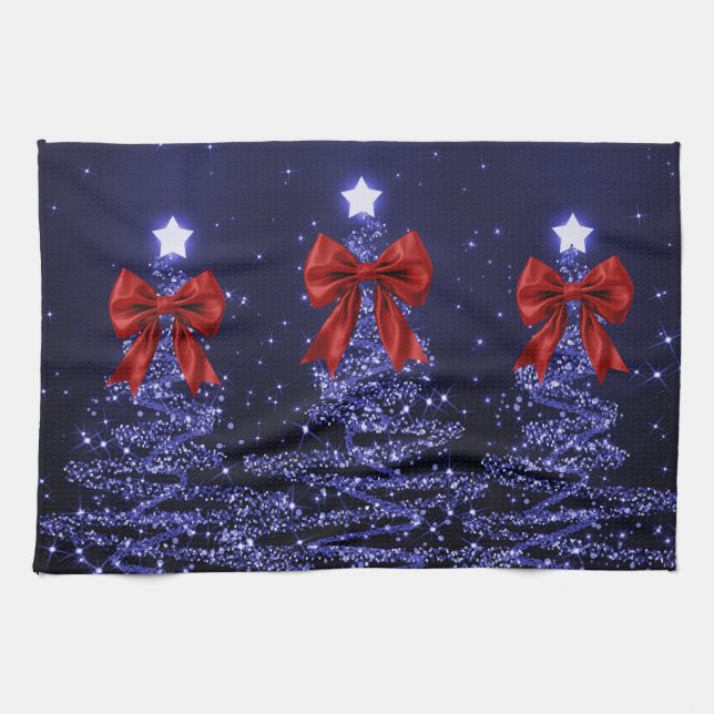 Paño De Cocina Christmas Sparkling Trees Navy Blue Faux Red Bow  (Horizontal)