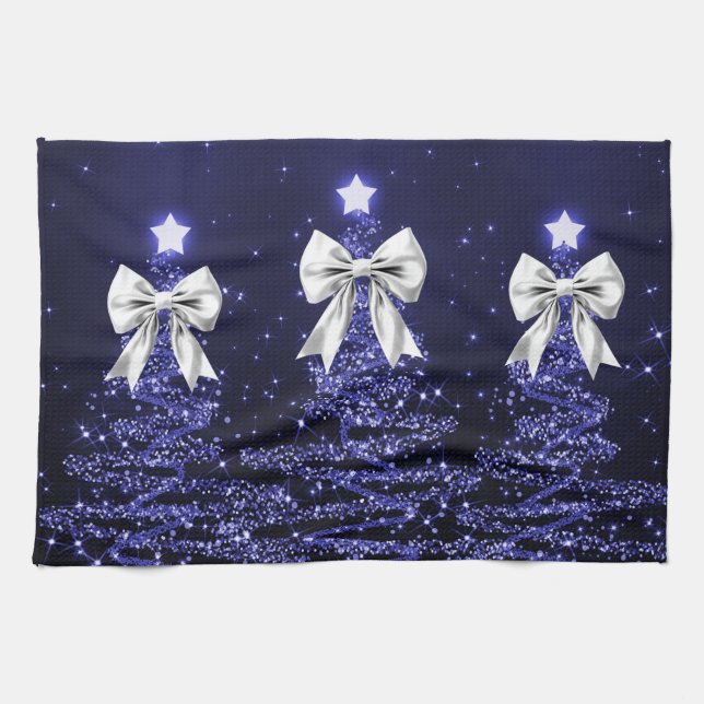 Paño De Cocina Christmas Sparkling Trees Navy Faux Silver Bow  (Horizontal)