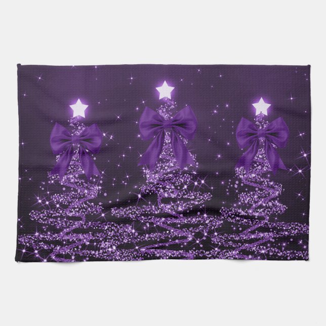Paño De Cocina Christmas Sparkling Trees Purple Faux Bow  (Horizontal)