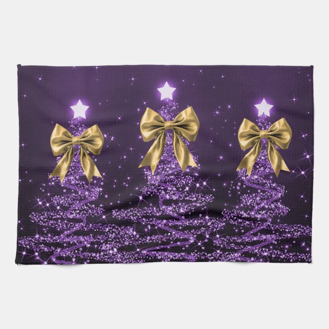 Paño De Cocina Christmas Sparkling Trees Purple Faux Gold Bow  (Horizontal)