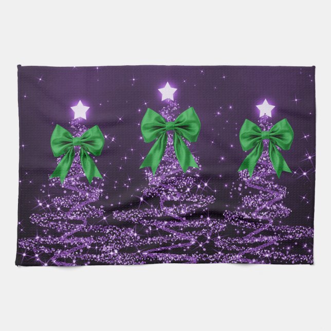 Paño De Cocina Christmas Sparkling Trees Purple Faux Green Bow  (Horizontal)