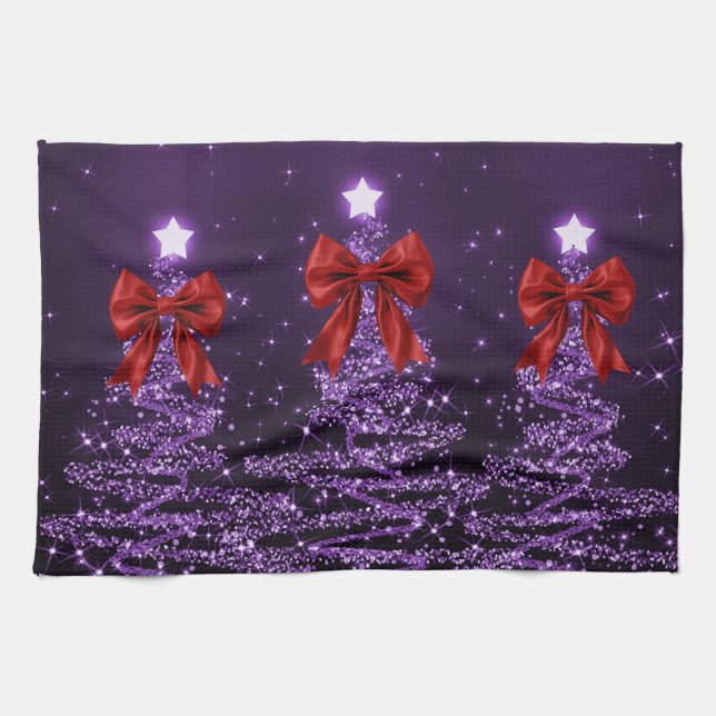Paño De Cocina Christmas Sparkling Trees Purple Faux Red Bow  (Horizontal)