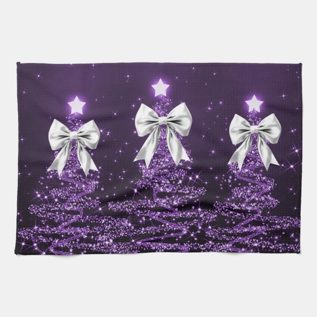 Paño De Cocina Christmas Sparkling Trees Purple Faux Silver Bow  (Horizontal)