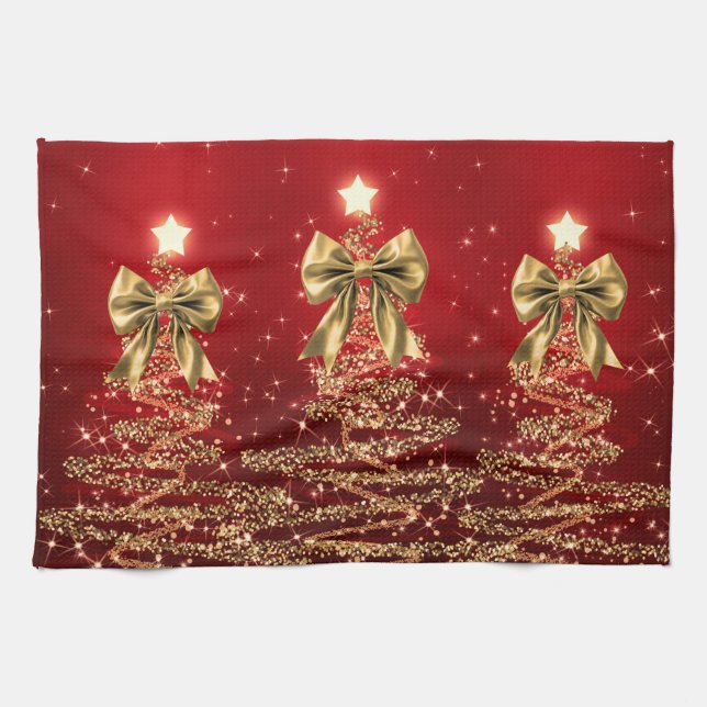 Paño De Cocina Christmas Sparkling Trees Red Gold Faux Bow  (Horizontal)