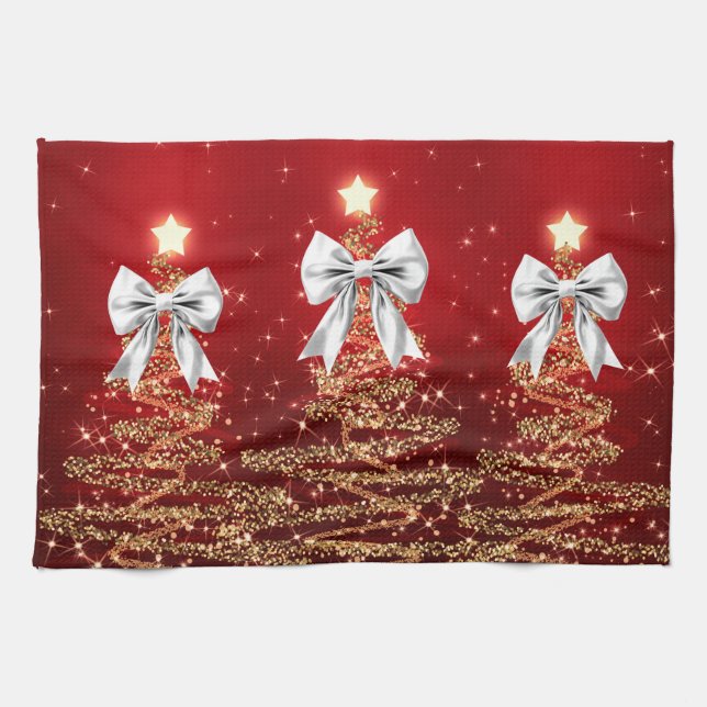 Paño De Cocina Christmas Sparkling Trees Red Gold Silver Bow  (Horizontal)