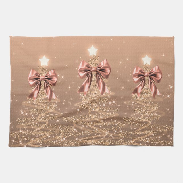 Paño De Cocina Christmas Sparkling Trees Rose Gold Faux Bow  (Horizontal)