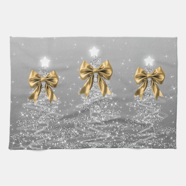 Paño De Cocina Christmas Sparkling Trees Silver Faux Gold Bow  (Horizontal)