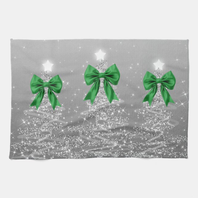 Paño De Cocina Christmas Sparkling Trees Silver Faux Green Bow  (Horizontal)