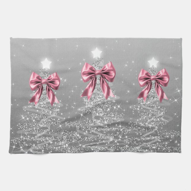 Paño De Cocina Christmas Sparkling Trees Silver Faux Pink Bow  (Horizontal)