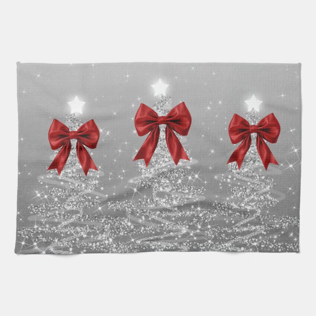 Paño De Cocina Christmas Sparkling Trees Silver Faux Red Bow  (Horizontal)
