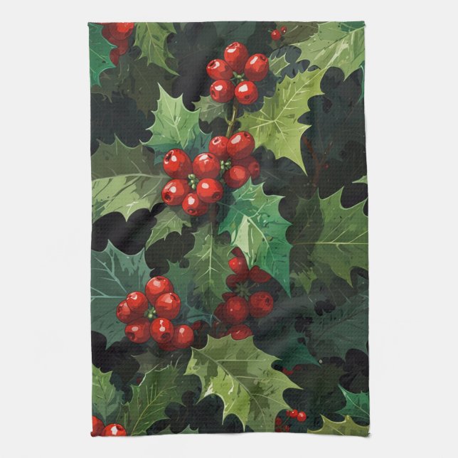 Paño De Cocina Christmas watercolor Holly berry leaves botanical  (Vertical)