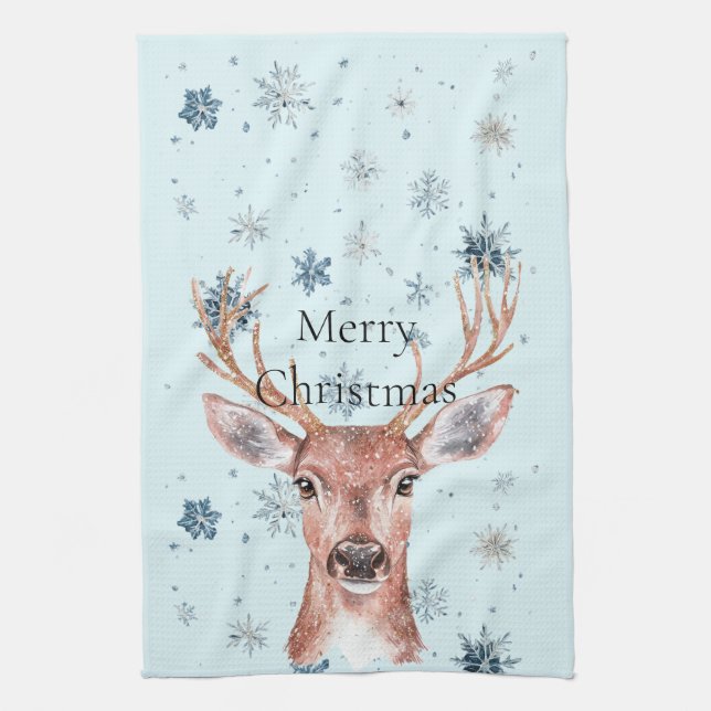 Paño De Cocina Ciervo Copos de Nieve Azules de Navidad (Vertical)
