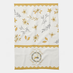 Paño De Cocina Ciervo Floral Crema Amarillo de Navidad