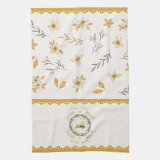 Paño De Cocina Ciervo Floral Crema Amarillo de Navidad