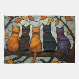 Paño De Cocina Cinco Gatos en una Rama de Árbol Estilo Vidrio Pin