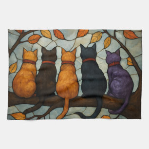 Paño De Cocina Cinco Gatos en una Rama de Árbol Estilo Vidrio Pin