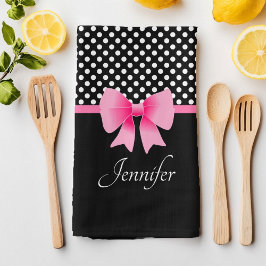 Paño De Cocina Cinta Rosa Lunares en Blanco y Negro Nombre