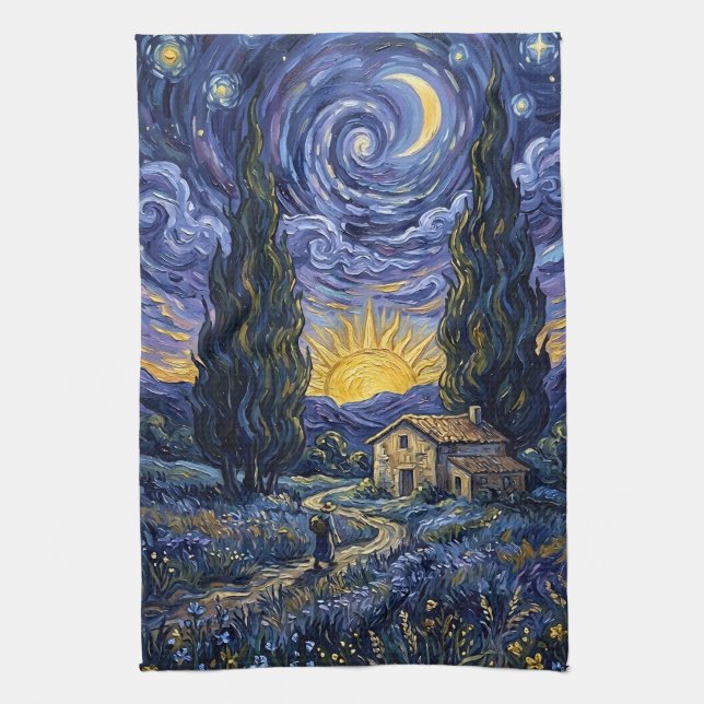 Paño De Cocina Cipreses al Atardecer Estilo Van Gogh Luna de Medi (Vertical)